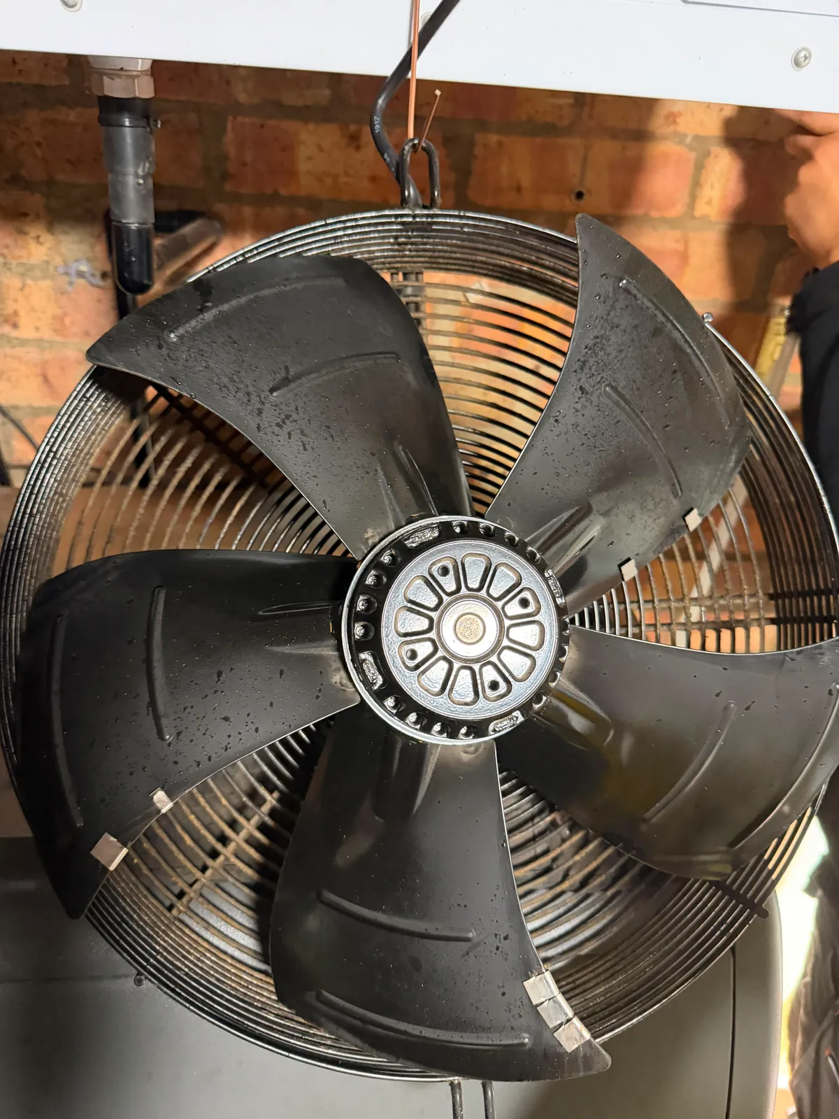 Large condenser fan on a commercial refrigeration unit